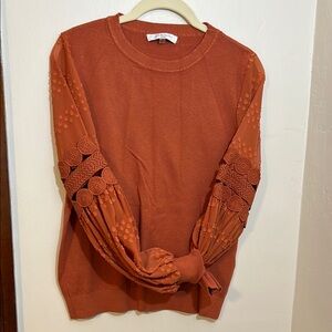 Sioni Women's Sweater with Embroidered Sleeves - Rust Orange
